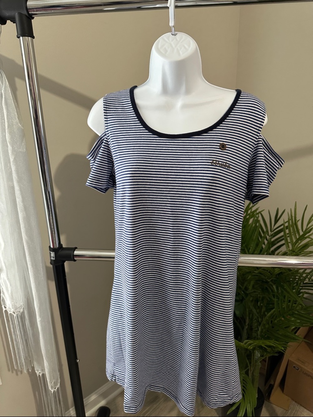 Striped Cold-Shoulder Swim Coverup - Navy/White. No flaws.